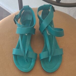 Teal Strappy Sandals By Matisse, Small Wedge, All Leather, Never Worn, New